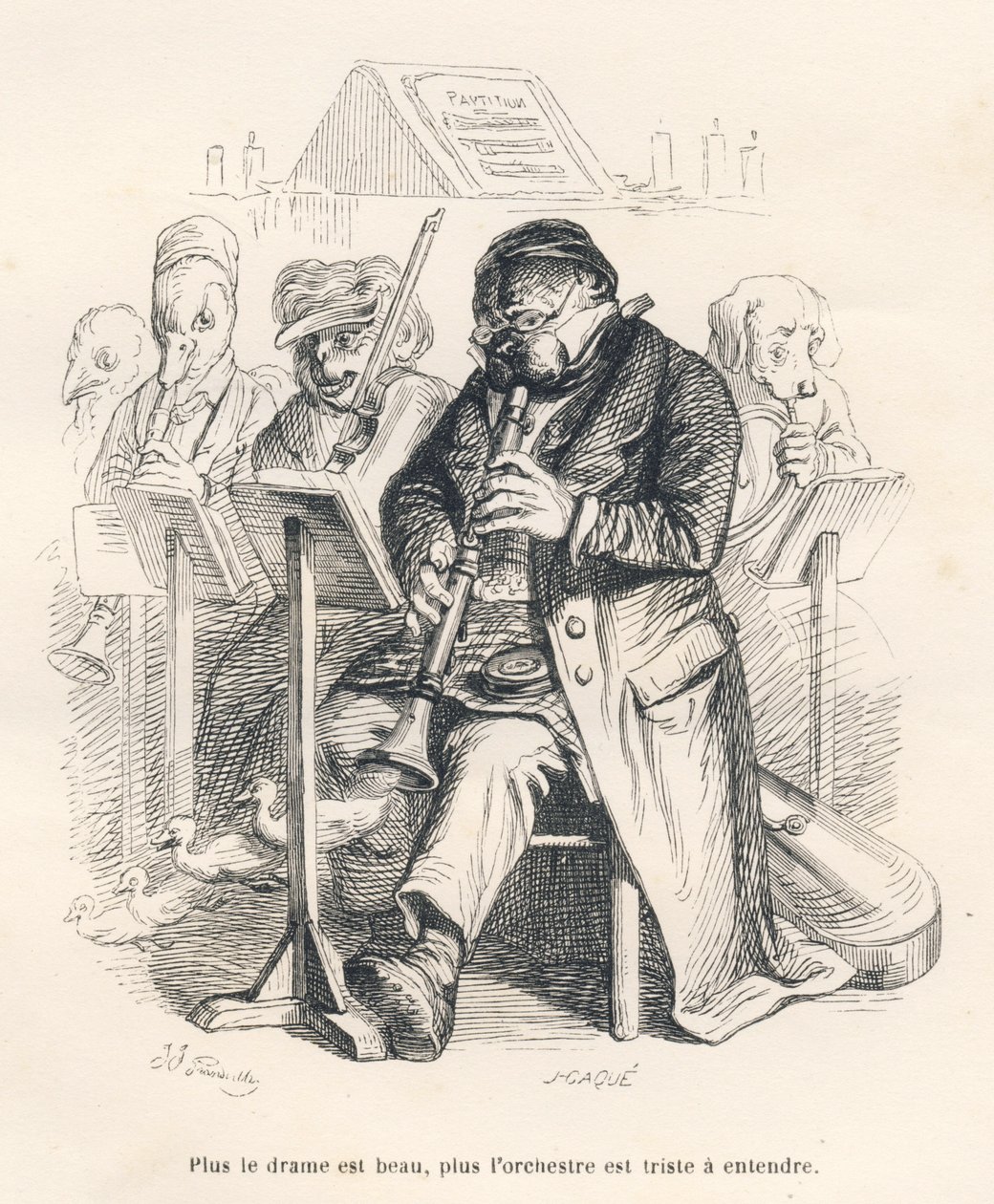 Orquestra com um cão tocando flauta com pintinhos saindo do instrumento musical. Vinhetas ilustradas por JJ Granville. Gravura assinada Caque na parte intitulada "Le premier feuilleton de Pistolet" escrita por Jules Janin em "Scenes de l de Grandville