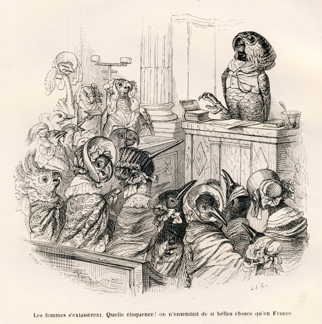 Papagaio eloquente. Vinhetas ilustradas por JJ Granville. Gravura assinada Porret na parte intitulada "Guide-ane a l