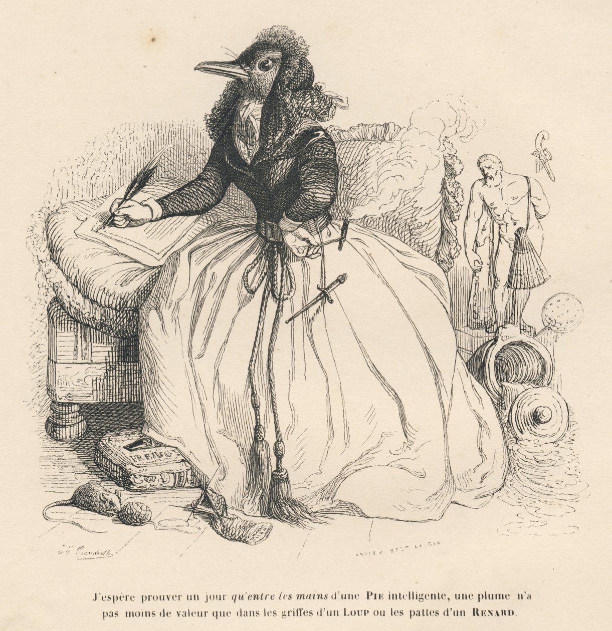 Escrever tarte com uma caneta e um cigarro segurado por um suporte de cigarro na outra mão. Vinhetas ilustradas por JJ Granville. Gravura assinada por Andrew, Best e Leloir na parte "Histoire d