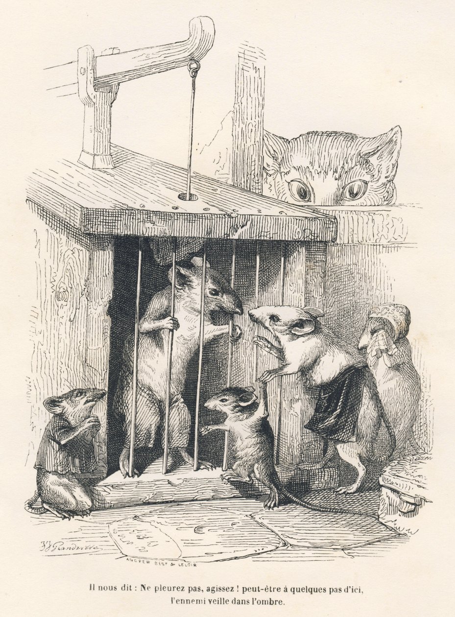 Armadilha : Gato a ver se os ratos vêm chorar por aquele que foi feito prisioneiro. Vinhetas ilustradas por JJ Granville. Gravura assinada por Andrew, Best e Leloir na parte intitulada "Le rat philosophe", escrita por Edouard Lemoine em "Scenes de la vie p de Grandville