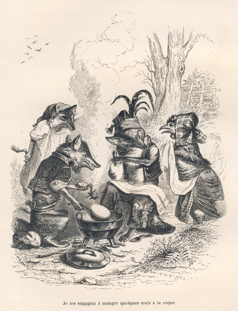 Raposas a comer ovos a la coq em frente de uma galinha chorona. Vinhetas ilustradas por JJ Granville. Gravura assinada Godard na parte intitulada "Un renard pris au piege", escrita por Charles Nodier em "Scenes de la vie privee et publique des animaux". de Grandville
