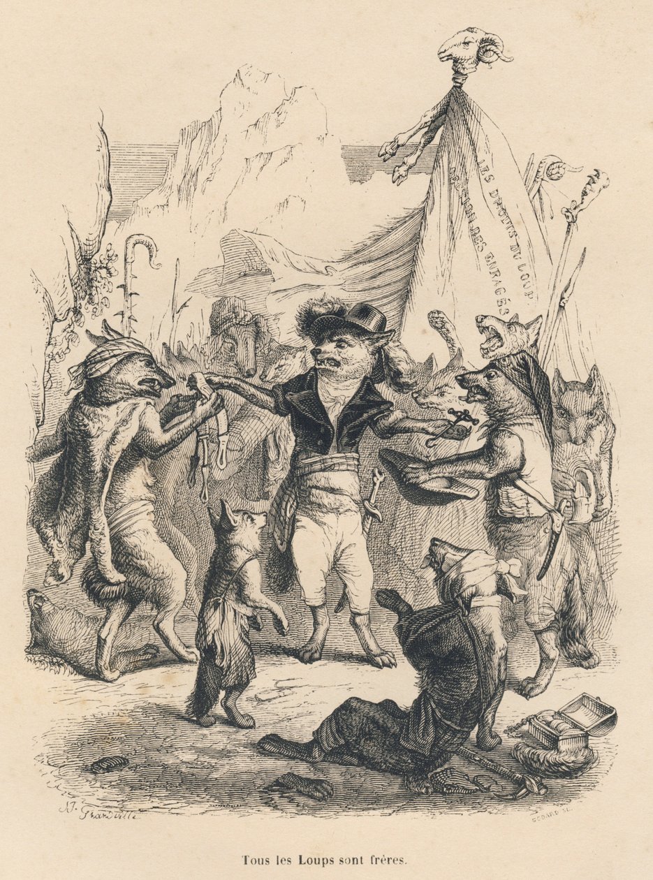 Revolução dos lobos e liberdade e direito do lobo. Vinhetas ilustradas por JJ Granville. Gravura assinada Godard na parte intitulada "Voyage d