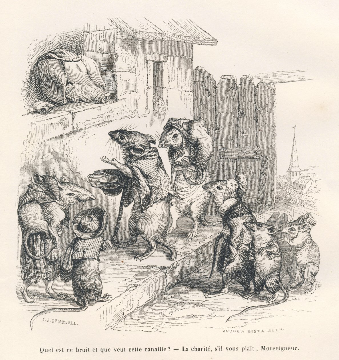 Rato a dar caridade a um porco. Vinhetas ilustradas por JJ Granville. Gravura assinada por Andrew, Best e Leloir na parte intitulada "Le rat philosophe", escrita por Edouard Lemoine em "Scenes de la vie privee et publique des animaux". Paris, J. Hetz de Grandville