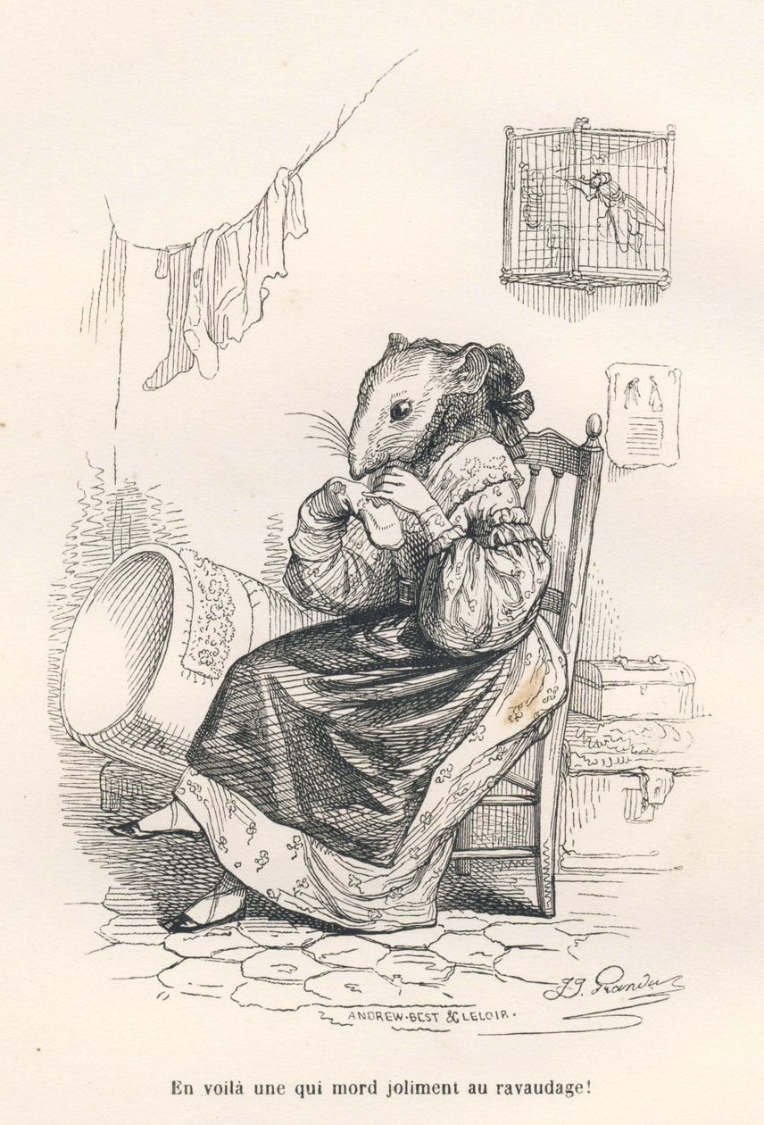 O rato a remendar uma meia. Vinhetas ilustradas por JJ Granville. Gravura assinada por Andrew, Best e Leloir na parte intitulada "Le rat philosophe", escrita por Edouard Lemoine em "Scenes de la vie privee et publique des animaux". Paris, J. Hetzel e de Grandville