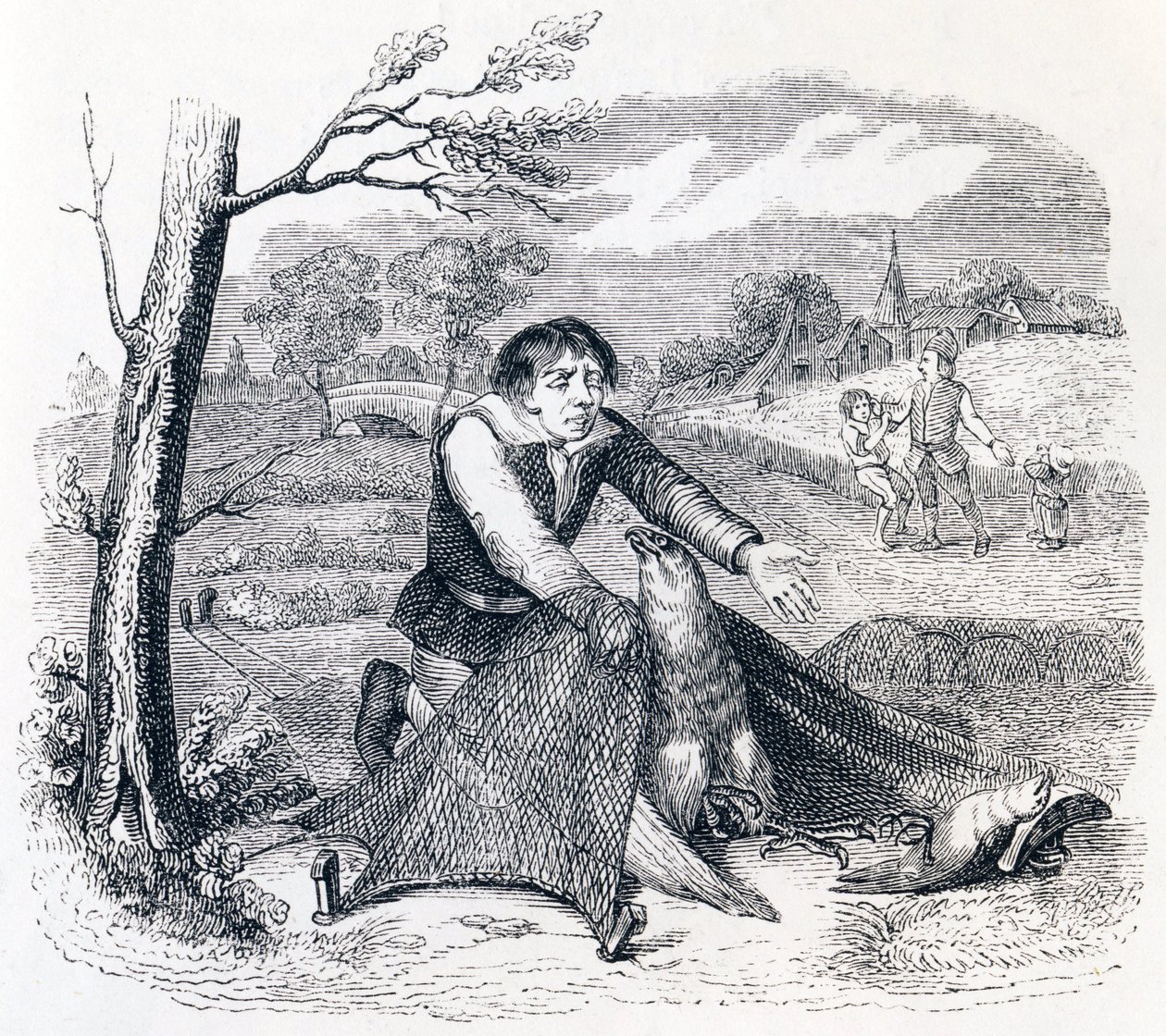 The Birdcatcher, the Goshawk and the Lark - Fábulas de La Fontaine de Grandville