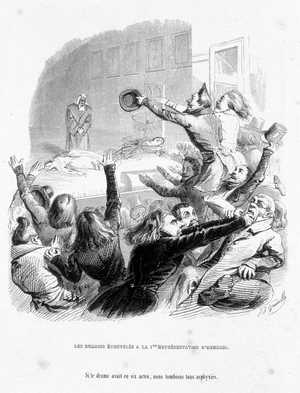Os romanos têm a primeira representação de Hernâni por Victor Hugo (1830). Cartum em "Jerome Paturot em busca de uma posição social" escrito por Louis Reybaud de Grandville