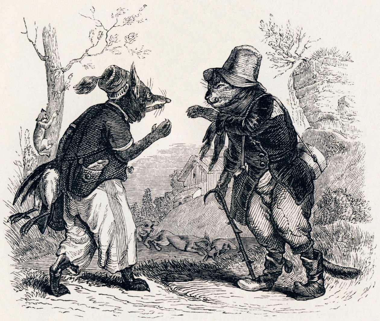 O gato e a raposa (Le chat et le renard) - Fábulas de La Fontaine de Grandville