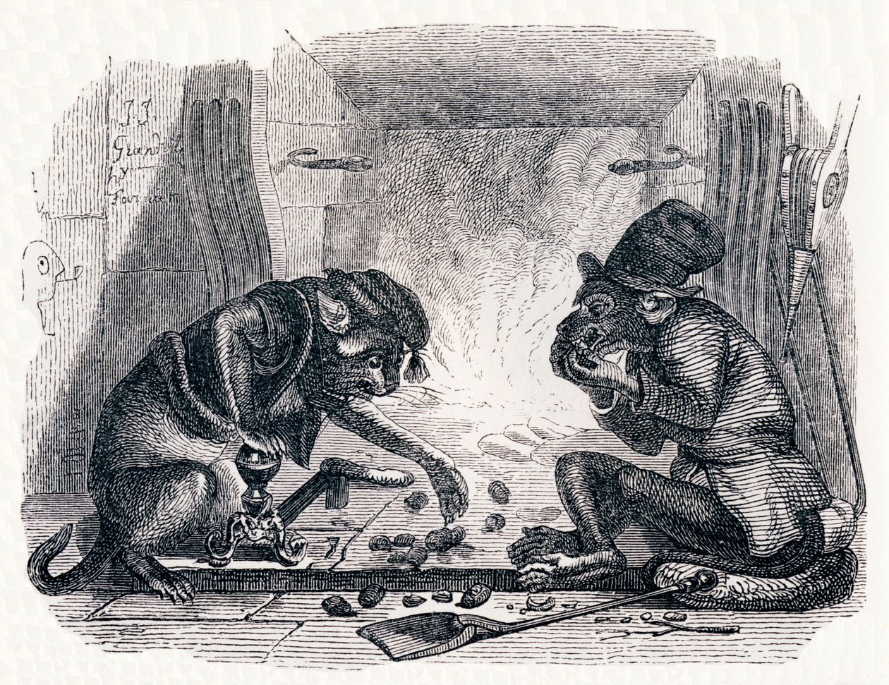 O burro e o gato (Le singe et le chat) - Fábulas de La Fontaine de Grandville