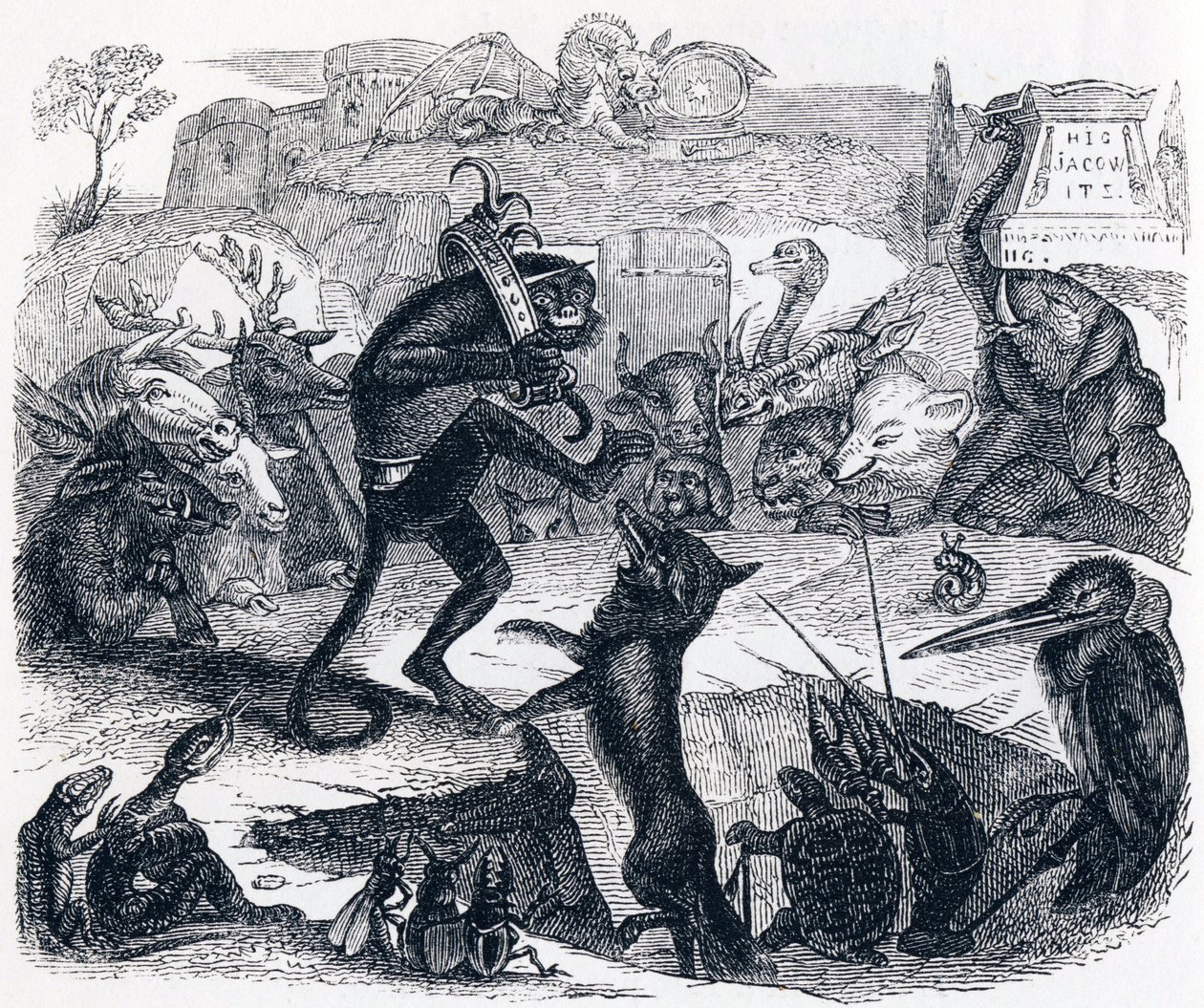 A raposa, o burro e os animais (Le renard, le singe et les animaux) - Fábulas de La Fontaine de Grandville