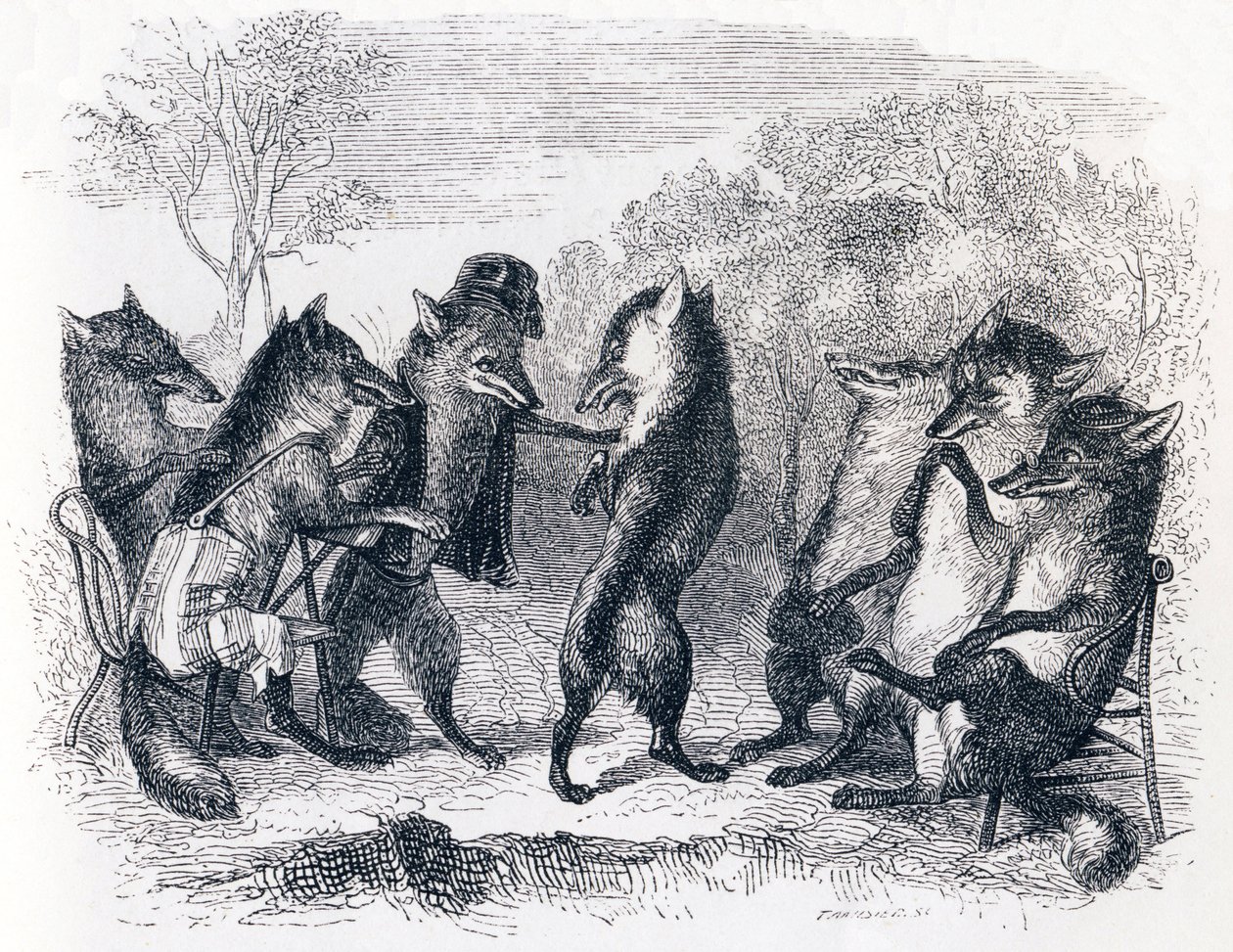A raposa com a cauda cortada (Le renard ayant la queue coupee) - Fábulas de La Fontaine de Grandville