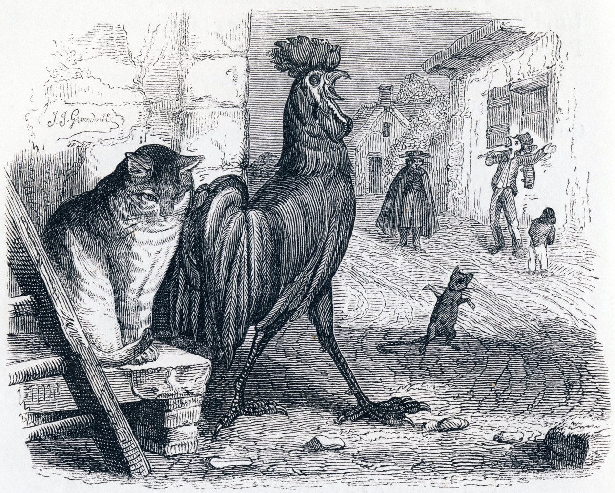The gilt, the cat and the mouse (Le cochet, le chat et le souriceau) - Fábulas de La Fontaine de Grandville