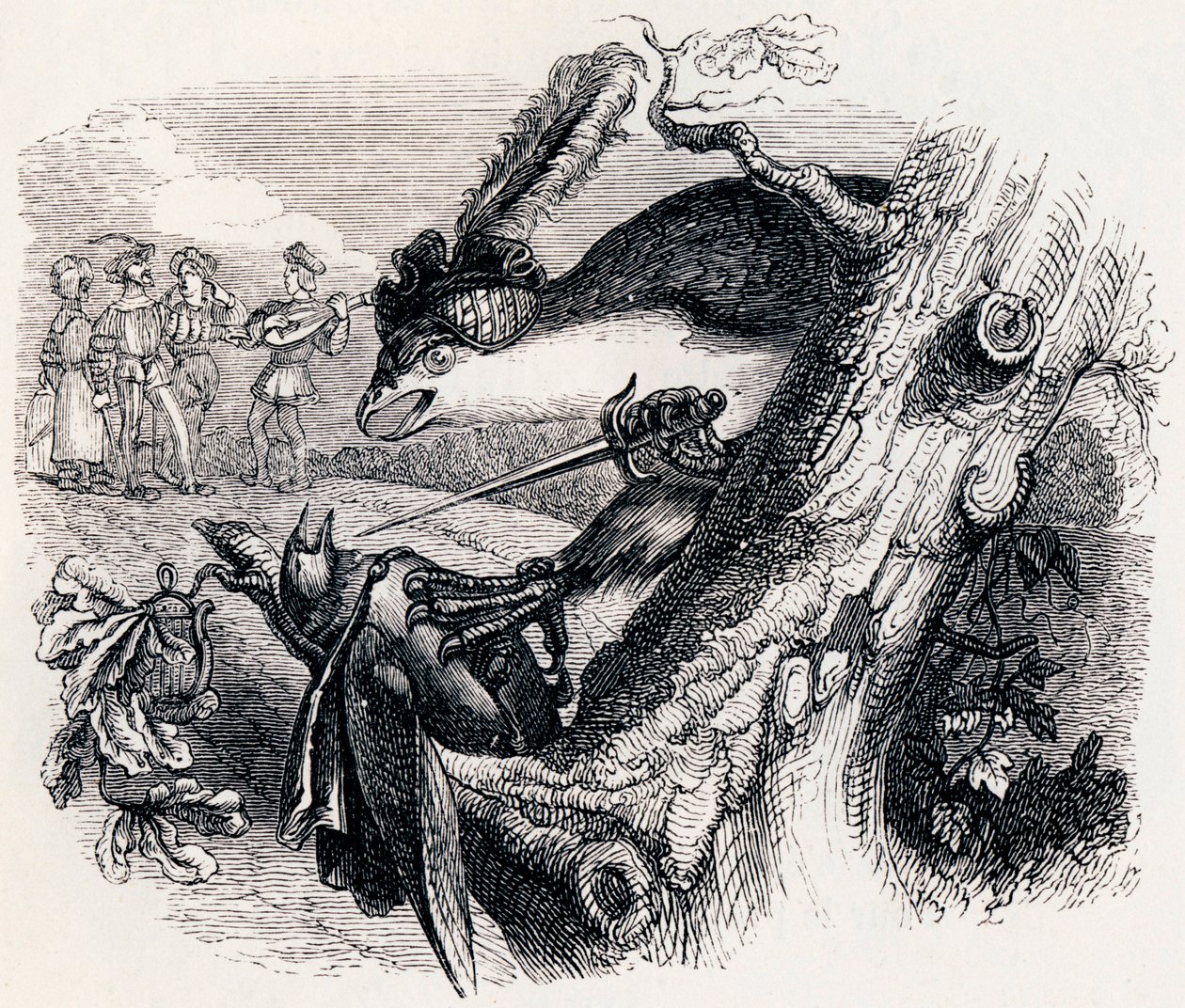 O papagaio e o rouxinol (Le milan et le rossignol) - Fábulas de La Fontaine de Grandville
