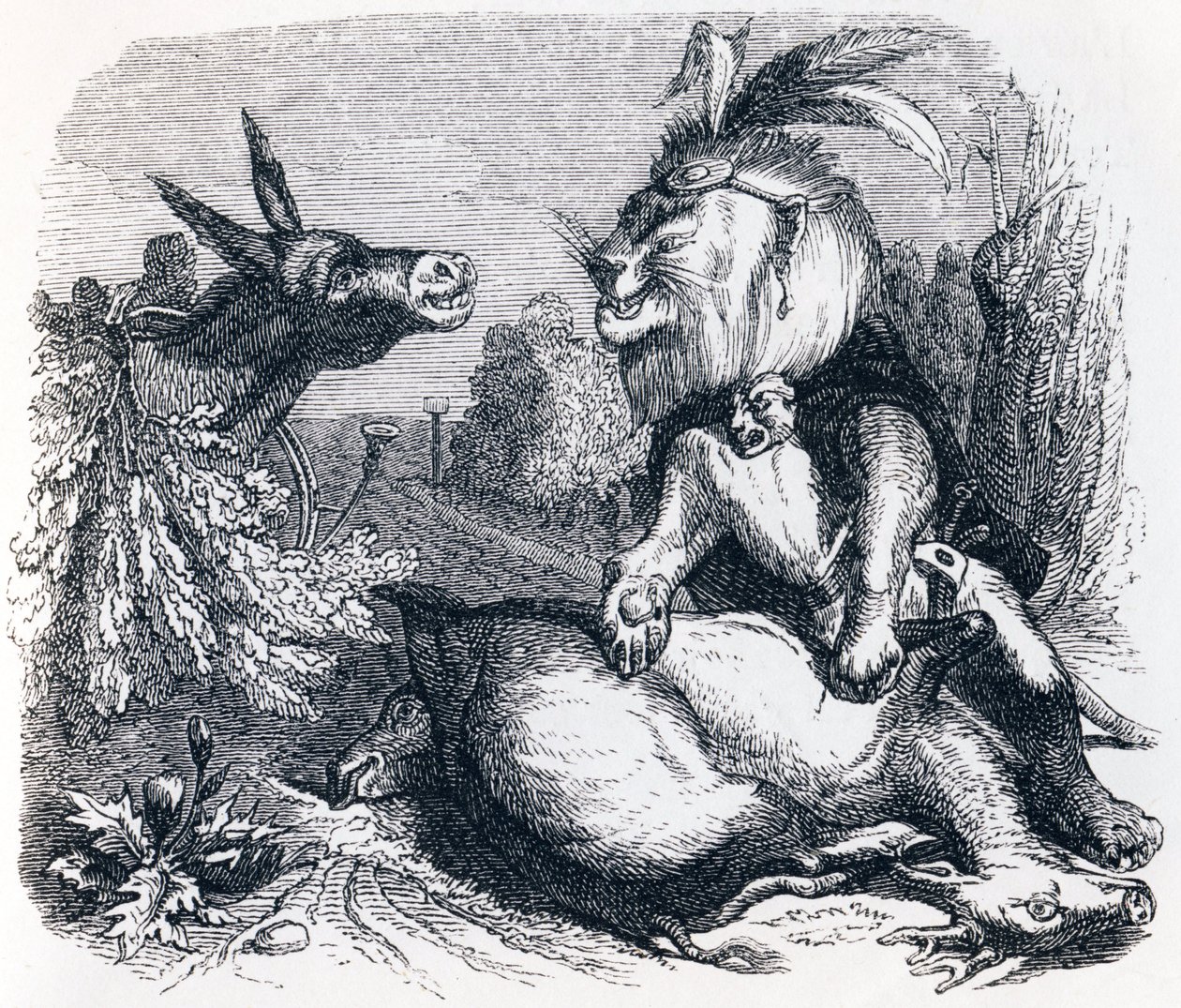 A caça ao leão e ao burro - Fábulas de La Fontaine de Grandville