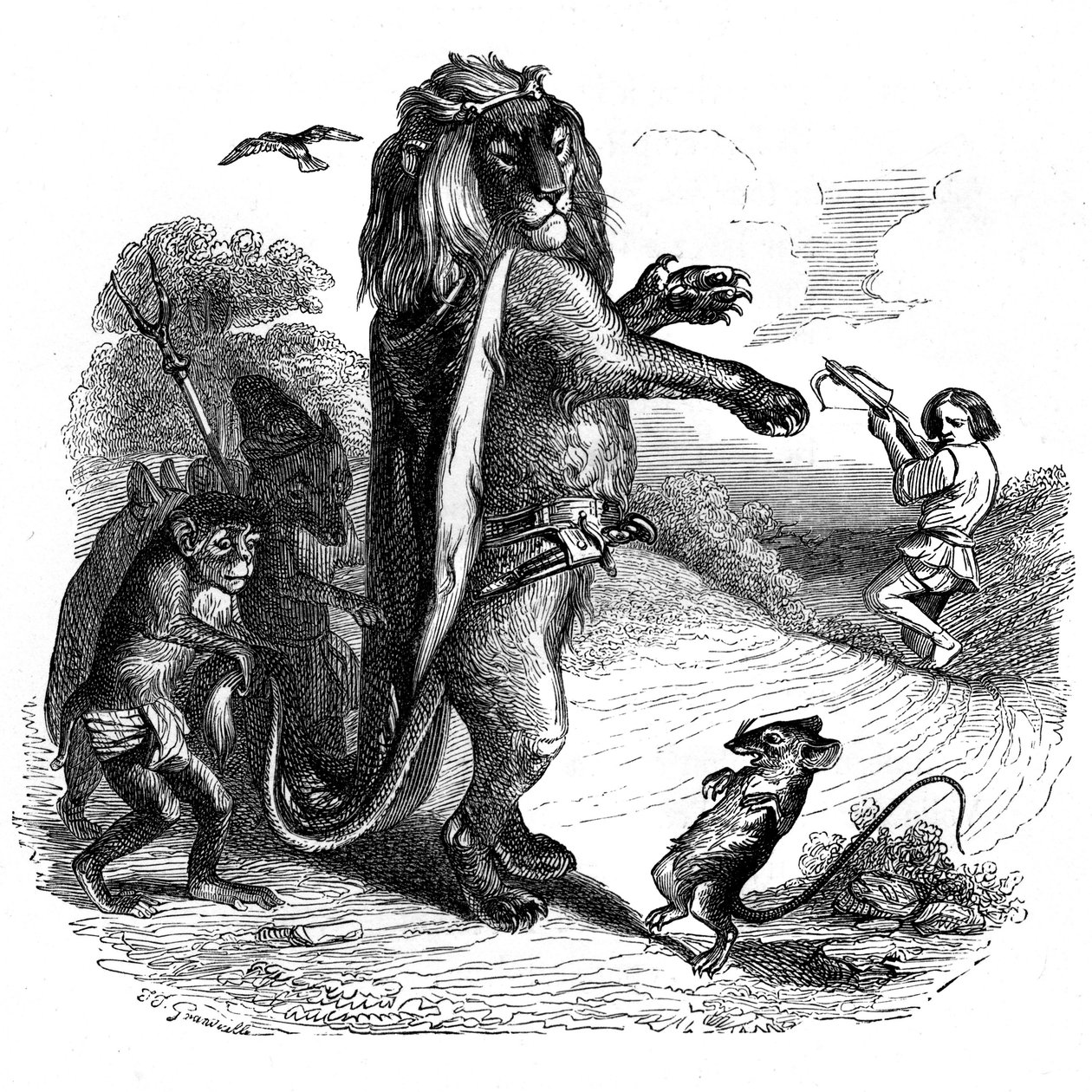 O leão e o rato: Fábula de La Fontaine ilustrada por Grandville. de Grandville (1803 47)