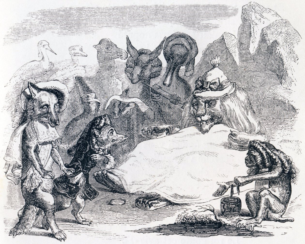O leão, o lobo e a raposa (le le lion, le loup et le renard) - Fábulas de La Fontaine de Grandville