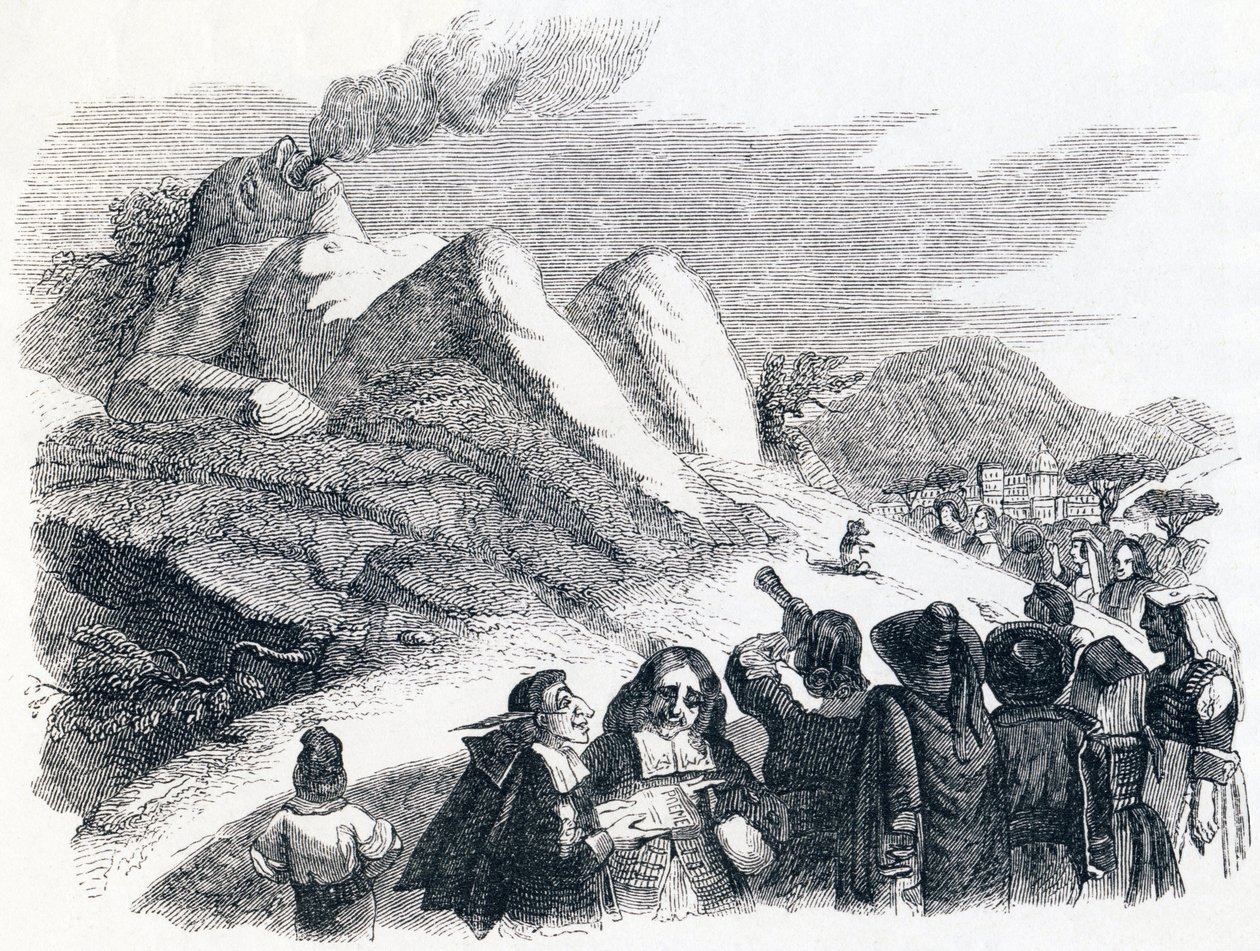 A montanha que dá à luz (La montagne qui accouche) - Fábulas de La Fontaine de Grandville
