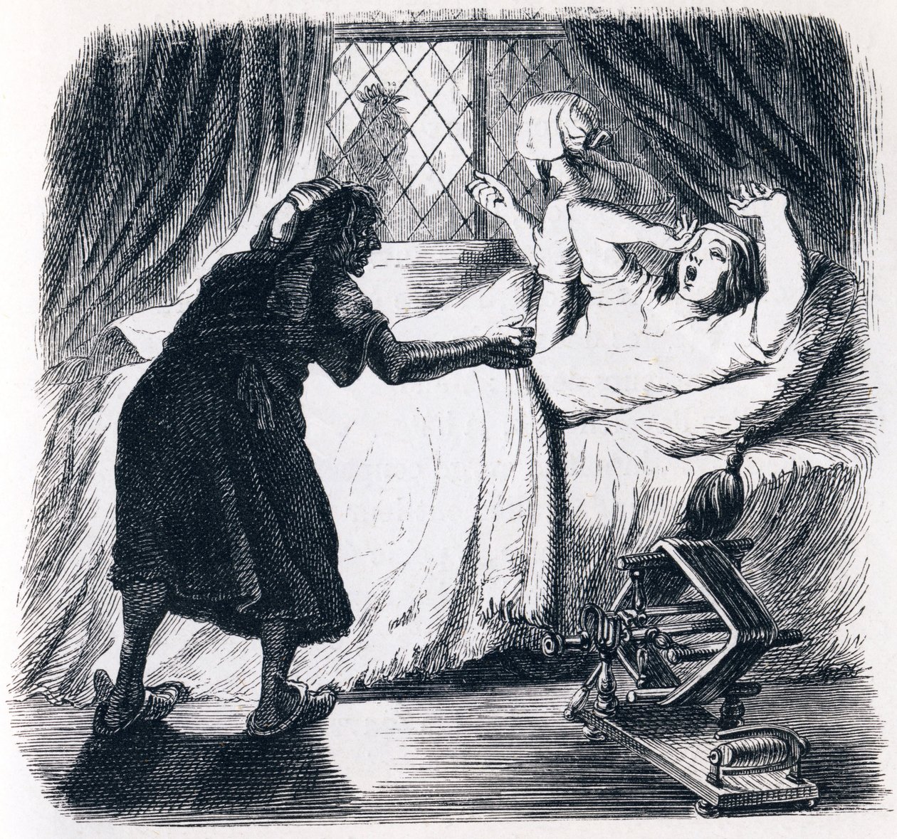 A velhota e os dois criados - Fábulas de La Fontaine de Grandville