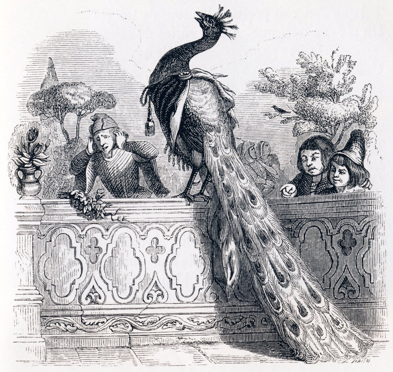 O pavão reclamando a Junon (Le paon se plaignant a Junon) - Fábulas de La Fontaine de Grandville