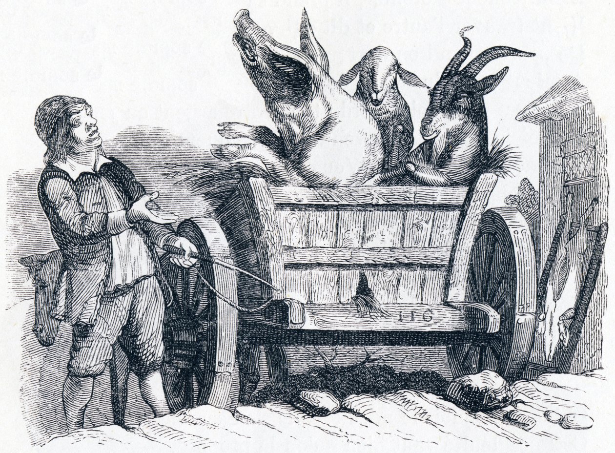 O porco, o bode e as ovelhas (le cochon, la chèvre et le mouton) - Fábulas de La Fontaine de Grandville