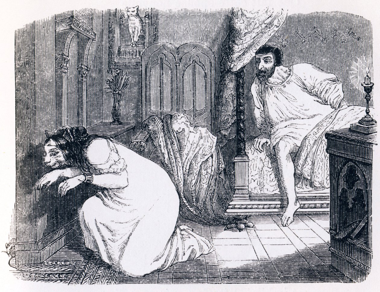 A cona transformada em mulher (La chatte metamorphosee en femme) - Fábulas de La Fontaine de Grandville