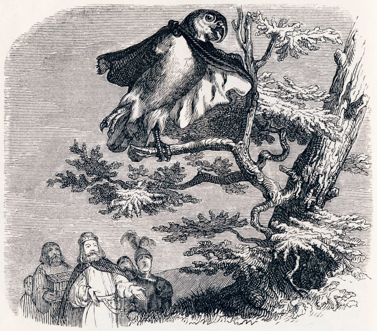 Os dois papagaios, o rei e seu filho - Fábulas de La Fontaine de Grandville