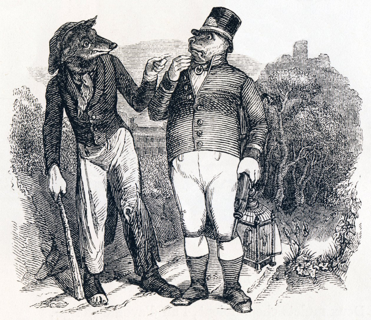 O lobo e o cão (Le loup et le chien) - Fábulas de La Fontaine de Grandville