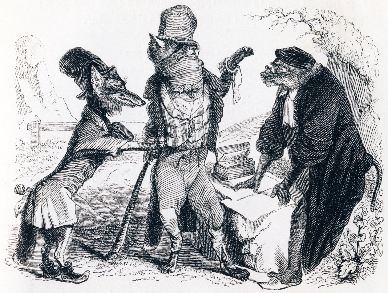 O lobo suplicando contra a raposa na frente do macaco (Le loup plaidant contre le renard par devant le singe) - Fábulas de La Fontaine de Grandville
