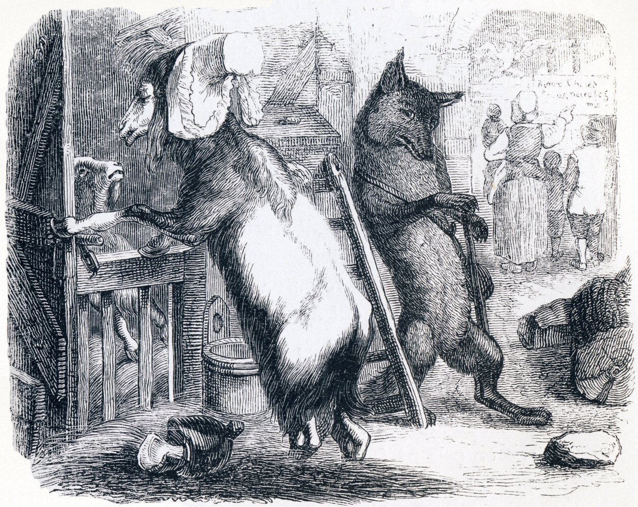 O lobo, a cabra e o cabrito (Le loup, la chevre et le chevreau) - Fábulas de La Fontaine de Grandville