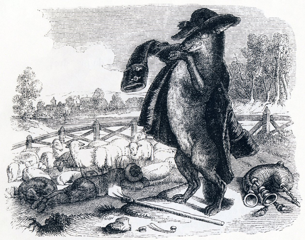 O lobo que se torna um pastor (Le loup devenu berger) - Fábulas de La Fontaine de Grandville