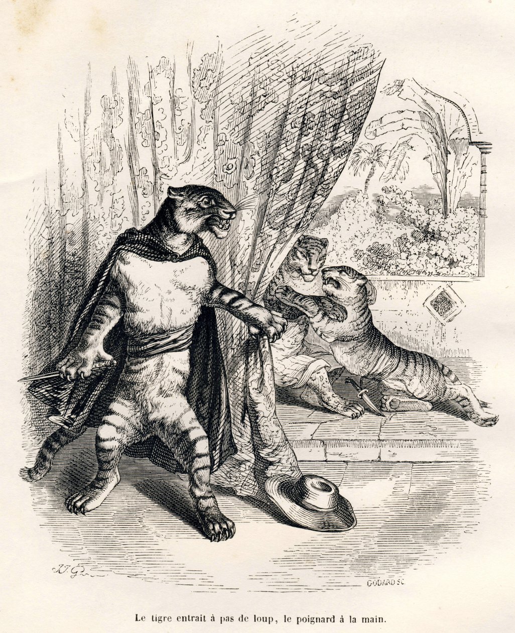 Tigre a entrar no palco com uma faca na mão. Vinhetas ilustradas por JJ Granville. Gravura assinada Godard na parte intitulada "Le premier feuilleton de Pistolet" escrita por Jules Janin em "Scenes de la vie privee et publique des animaux". Paris, J. H. de Grandville