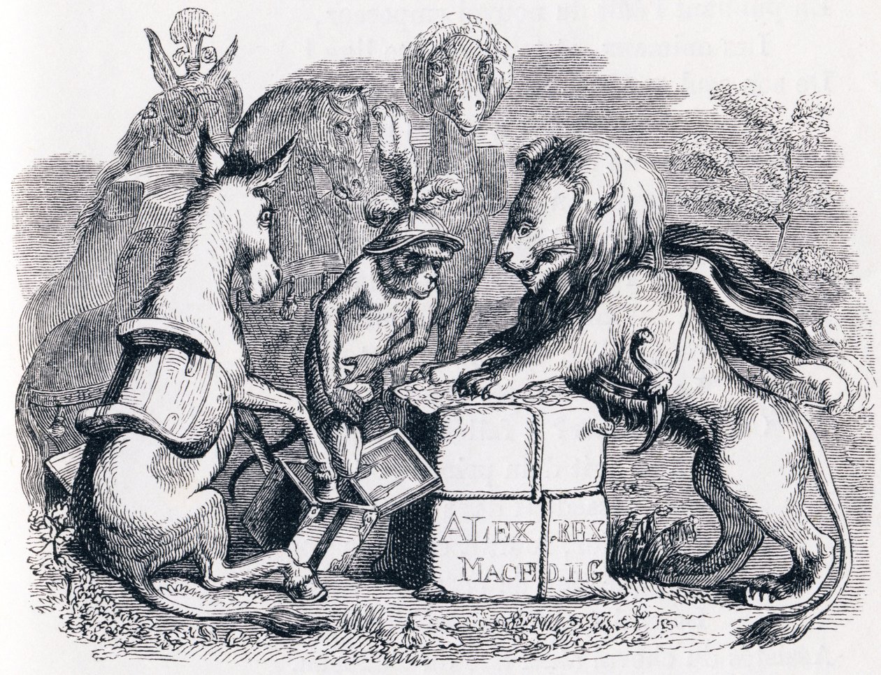 Homenagem enviada pelos animais a Alexander (Tribut envoye par les animaux a Alexandre) - Fábulas de La Fontaine de Grandville