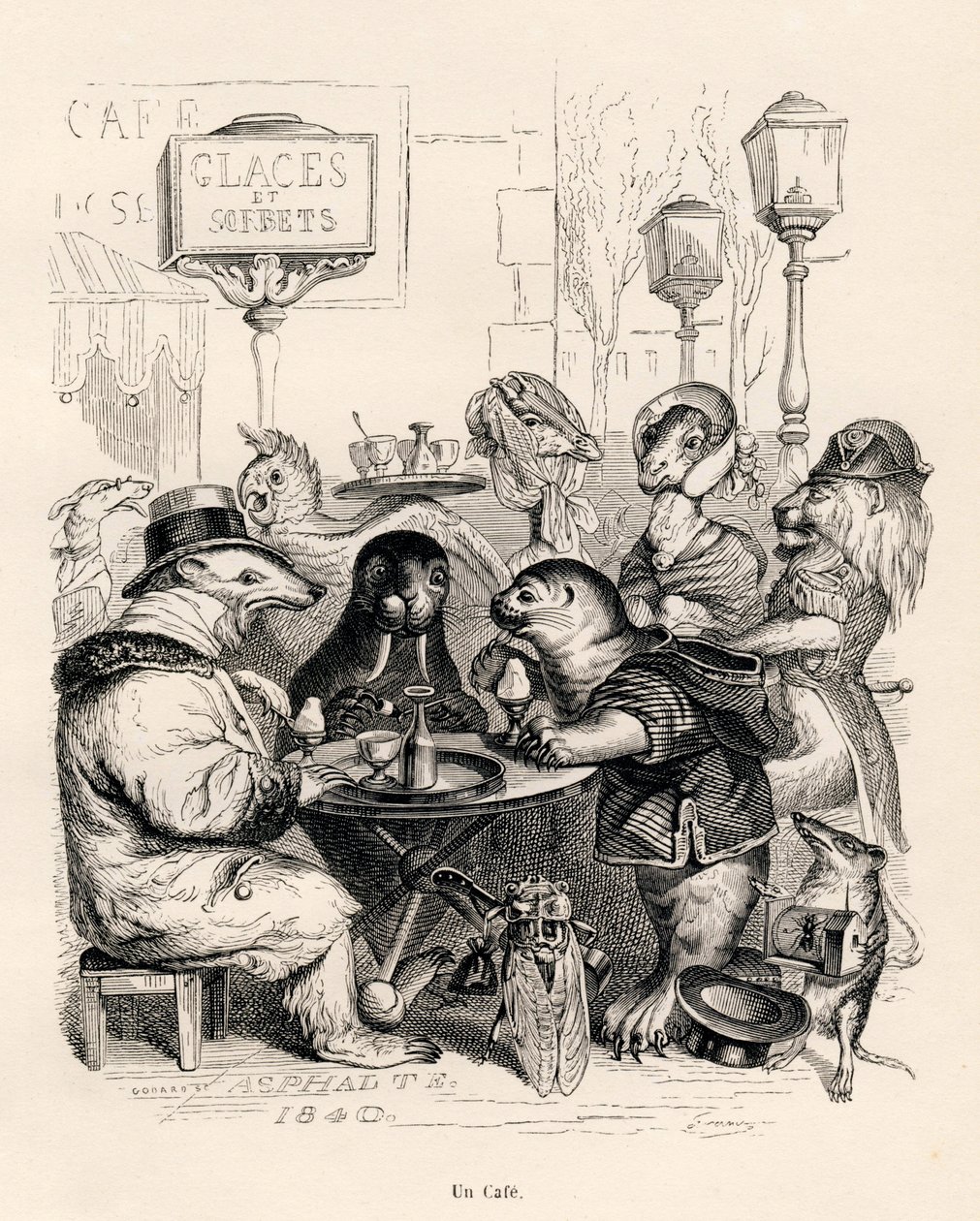 Um café frequentado por animais de todos os tipos. Vinhetas ilustradas por JJ Granville. Gravura assinada Godard na parte intitulada "Voyage d