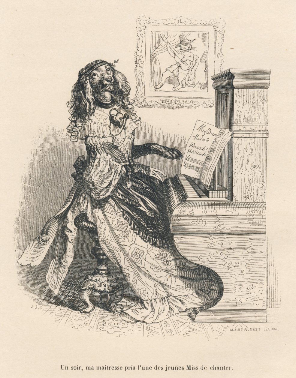 Um cão a cantar ao piano. Vinhetas ilustradas por JJ Granville. Gravura assinada por Andrew, Best e Leloir na parte intitulada "Peines de cour d