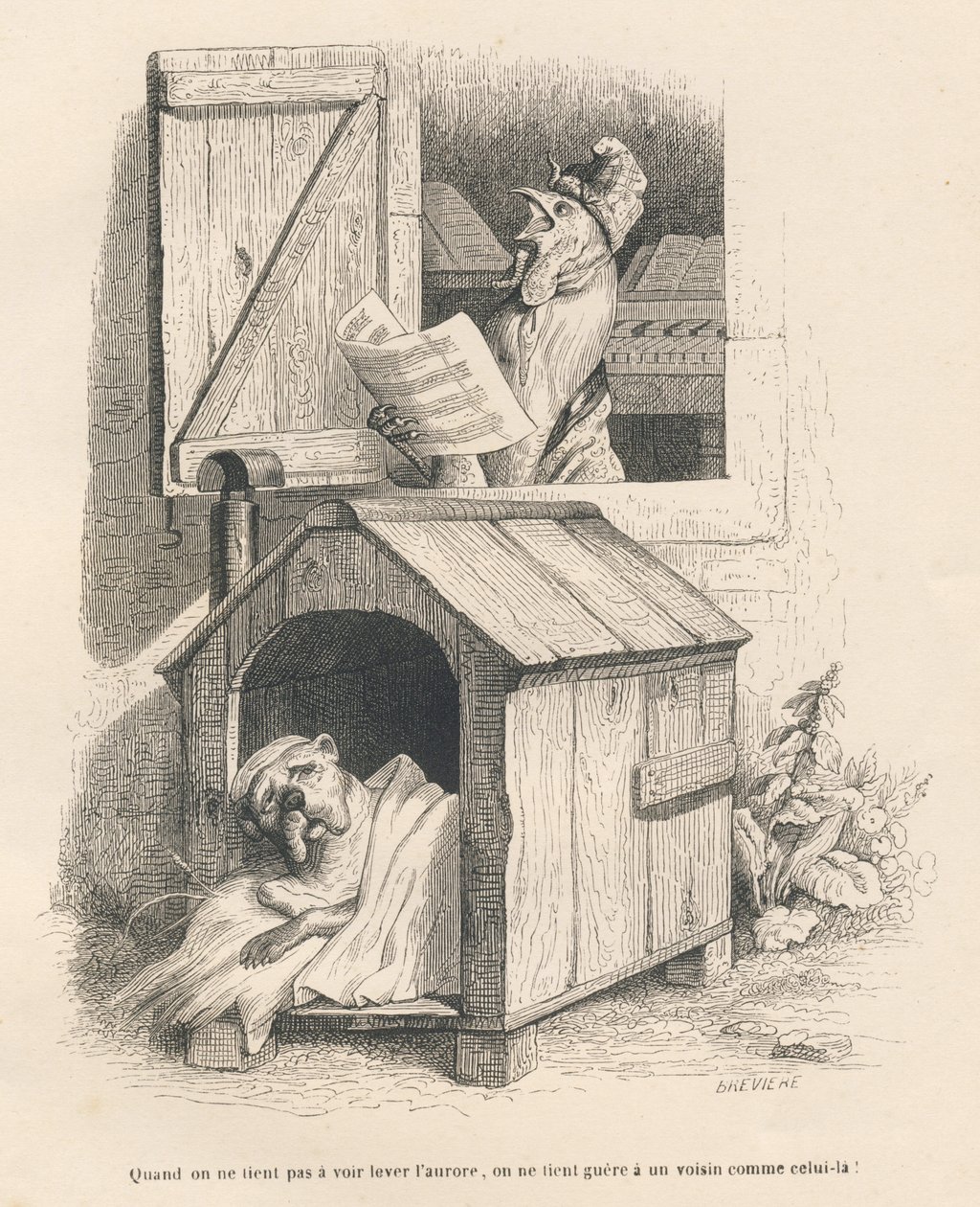 Um cão preguiçoso em seu canil despertado por um galo cantando ao amanhecer. Vinhetas ilustradas por JJ Granville. Gravura assinada Breviere na parte "Histoire d