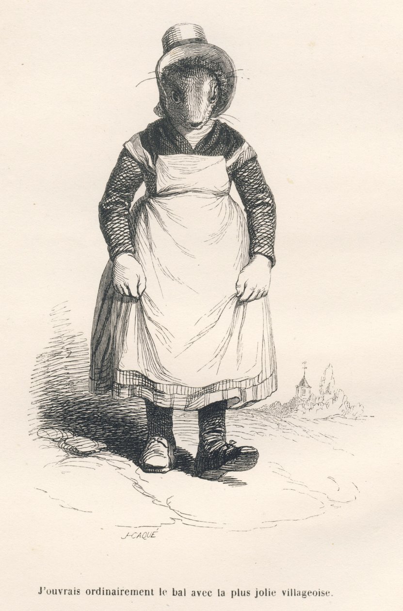 A rapariga da aldeia a ir ao baile. Vinhetas ilustradas por JJ Granville. Gravura assinada Caque na parte intitulada "L