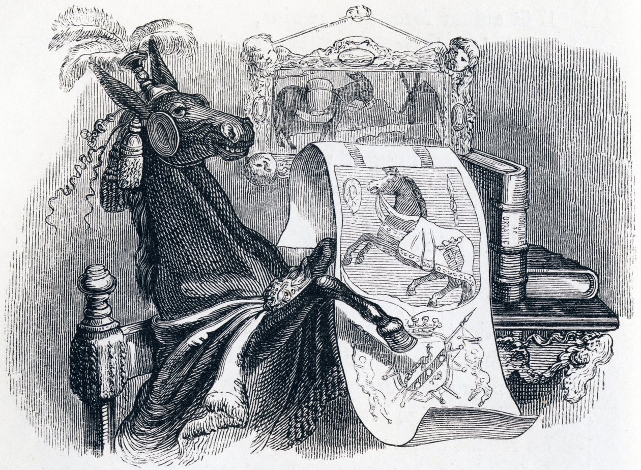 a mula vangloriando-se da sua genealogia (Le mulet se vantant de sa genealogie) - Fábulas de La Fontaine de Grandville
