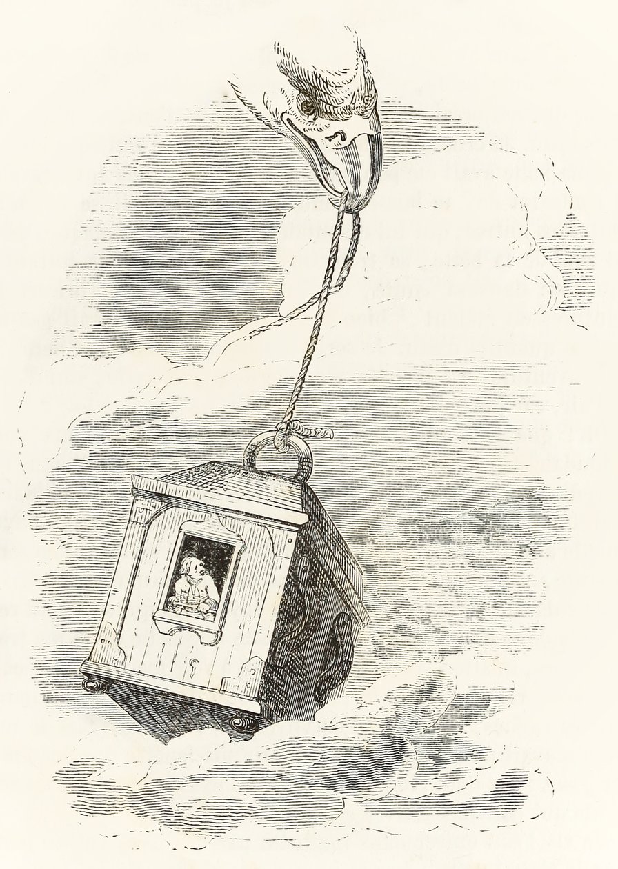 Gulliver escapar de Brobdingnag quando sua caixa é agarrada por uma águia que a deixa no mar, de Gullivers Travels por Jonathan Swift de Grandville