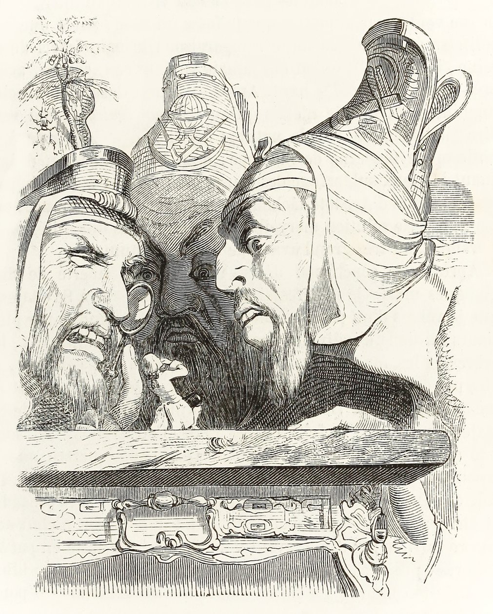 Gulliver é inspecionado por moradores de Brobdingnag, da Gullivers Travels por Jonathan Swift de Grandville