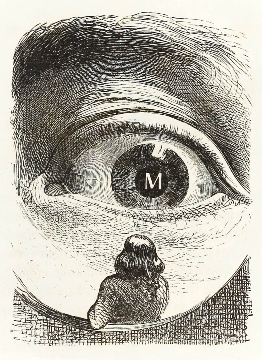 Gulliver é inspecionado pela filha do fazendeiro em Brobdingnag, de Gullivers Travels por Jonathan Swift de Grandville