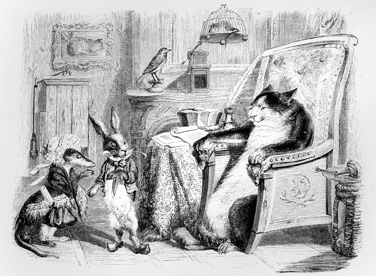 O gato, a doninha e o coelhinho, ilustração para &39;fábulas&39; de La Fontaine (1621-95), publicado por H. Fournier Aine, 1838 de Grandville