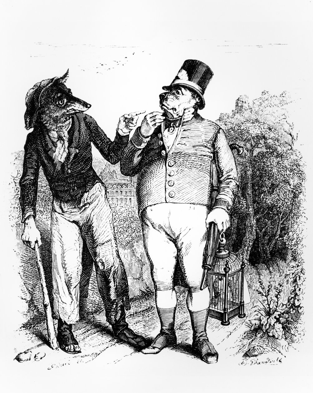 O cão e o lobo, ilustração para &39;fábulas&39; de La Fontaine, publicado por H. Fournier Aine, 1838 de Grandville