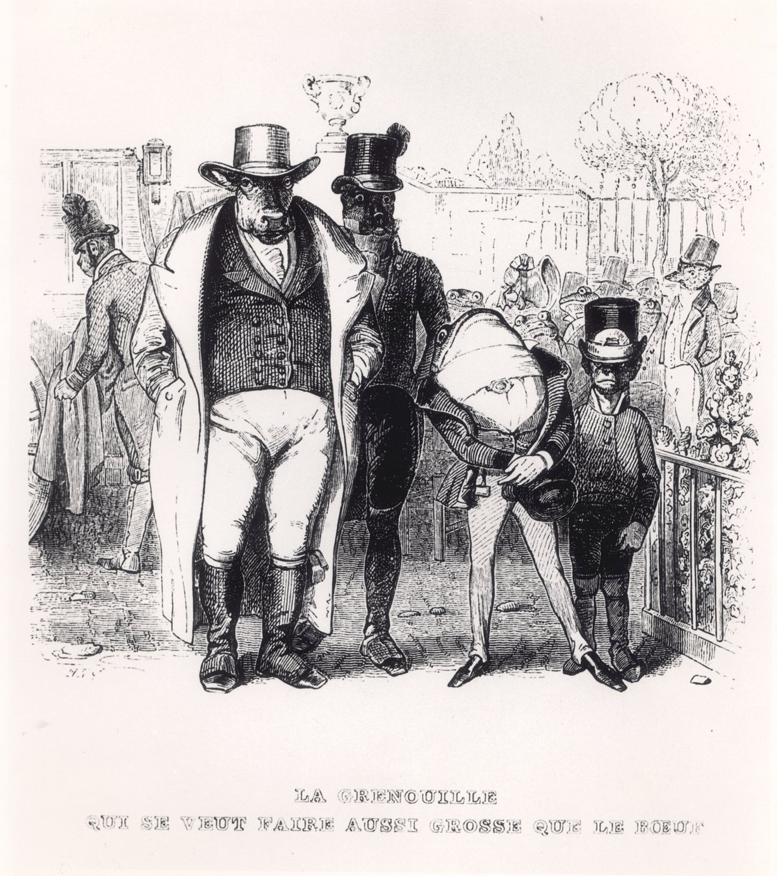 O sapo e o boi, ilustração para &39;fábulas&39; de La Fontaine (1621-95), publicado por H. Fournier Aine, 1838 de Grandville