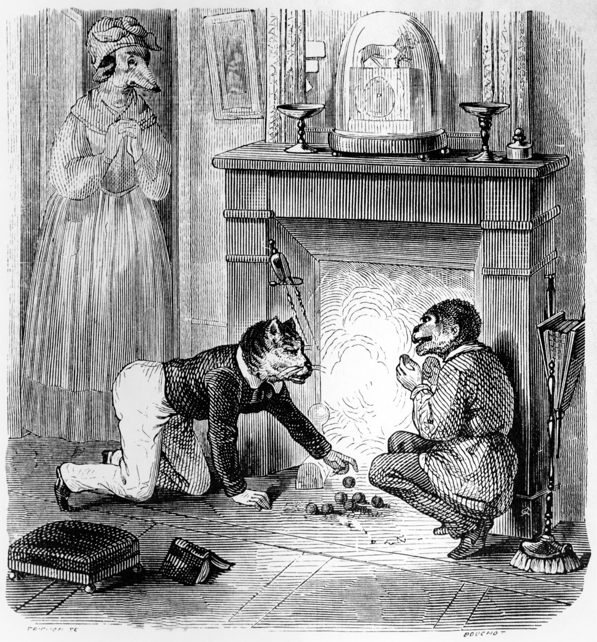 O macaco e o gato, ilustração para &39;Fábulas&39; de La Fontaine (1621-95), publicado por H. Fournier Aine, 1838 de Grandville