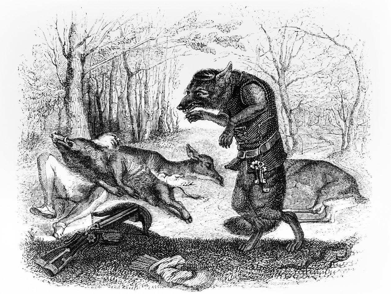 O lobo e o caçador, ilustração para &39;fábulas&39; de La Fontaine, publicado por H. Fournier Aine, 1838 de Grandville