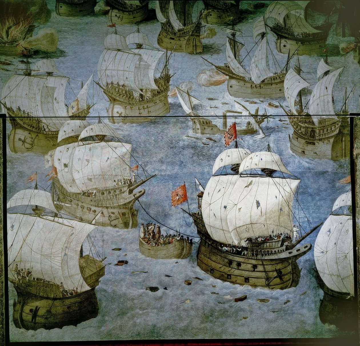 BATALHA NAVAL EM LAS AÇORES (1571) - CONQUISTA DA TERCEIRA ILHA - PINTURA FRESCA 1585 - RESTAURADA de Granello Tavaron Castello y Cambiasso