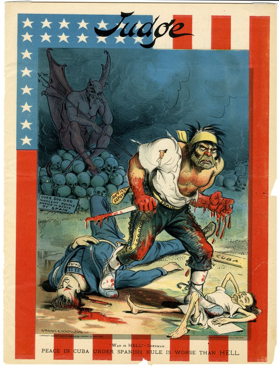 A guerra é o inferno - Sherman, a paz em Cuba sob o domínio espanhol é pior que o inferno, ilustração do juiz, 30 de abril de 1898 de Grant E. Hamilton