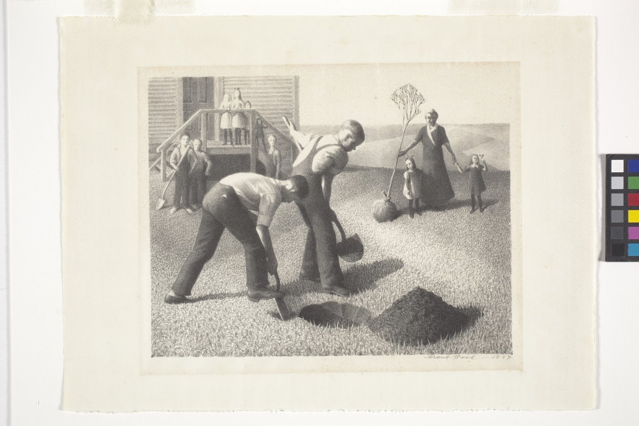 Grupo de Plantação de Árvores (litografia) de Grant Wood