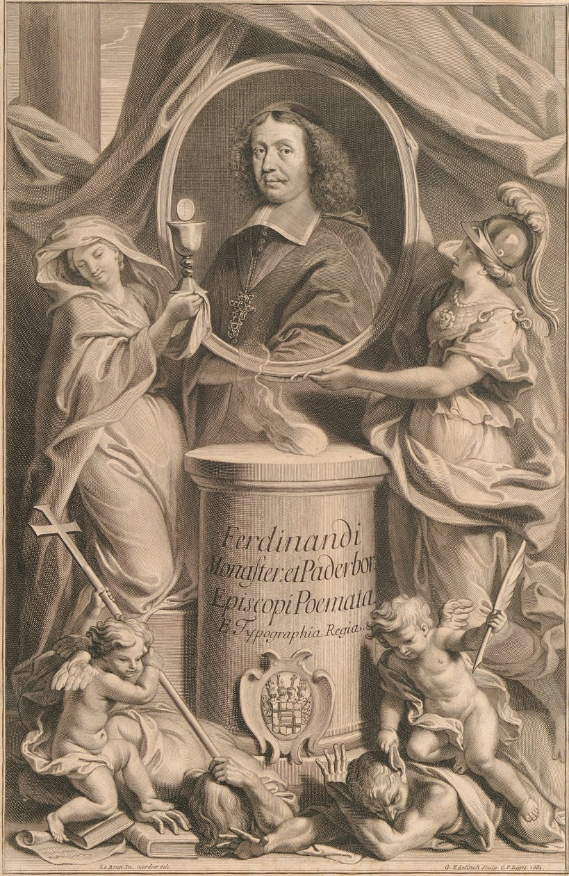 Duas figuras femininas, religião e sabedoria, seguram o busto de Ferdinand von Furstenberg, enquanto a seus pés os gênios heresia e ignorância chegam ao chão. de Gérard Edelinck