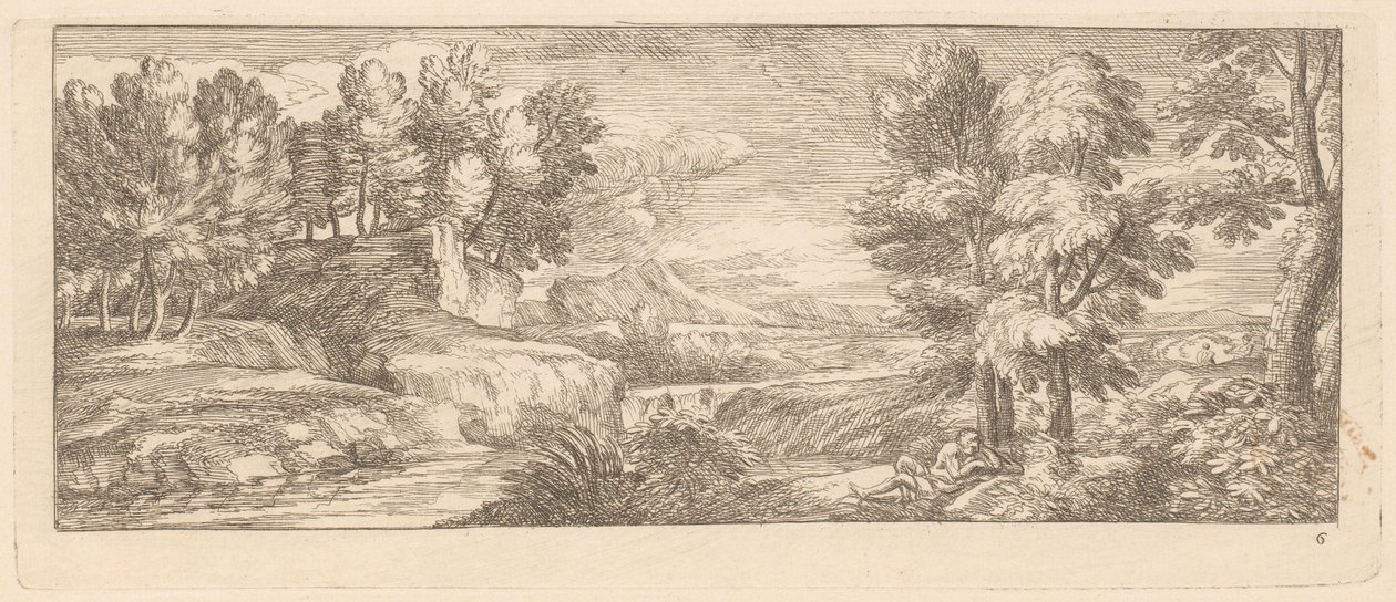 Paisagem fluvial com figuras de repouso
Paisagens fluviais (título da série) de Gérard Audran