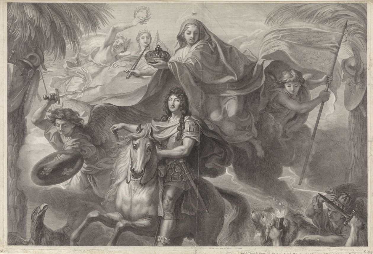 Retrato equestre alegórico de Luís XIV, rei da França de Gérard Edelinck